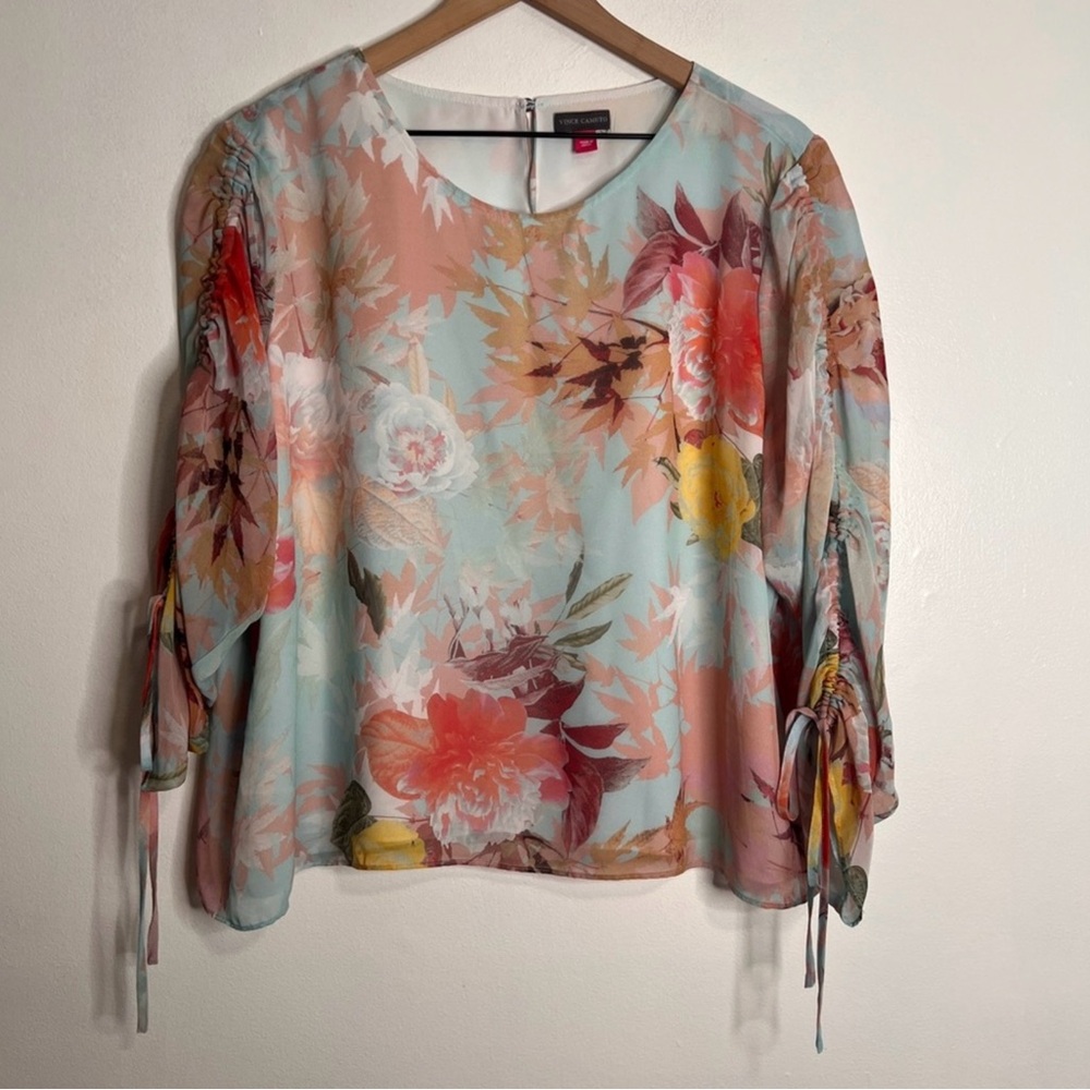 Vince Camuto Drawstring Sleeve Wildflower Floral Blouse Size XL